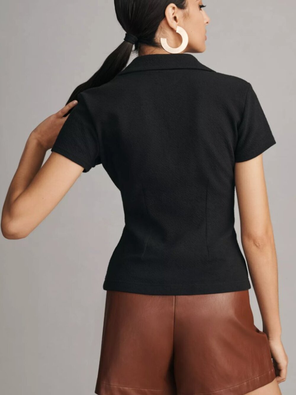 Maeve Anthropologie Notched Lapel Crinkle Button Front Short Sleeve Top White,S - Picture 5 of 11